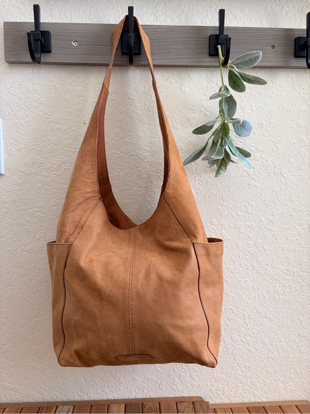 LUCKY BRAND “Patti” Leather Hobo Shoulder Bag, Camel Tan, Y2K Boho